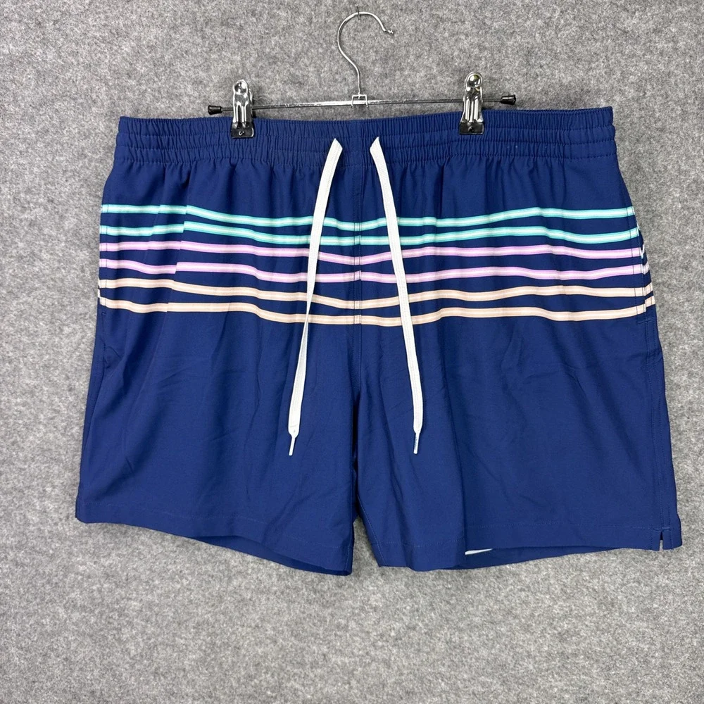 Chubbies Swim Trunks XXL Navy Blue Multi Color Stripe 5.5 Inseam Stretch Retro